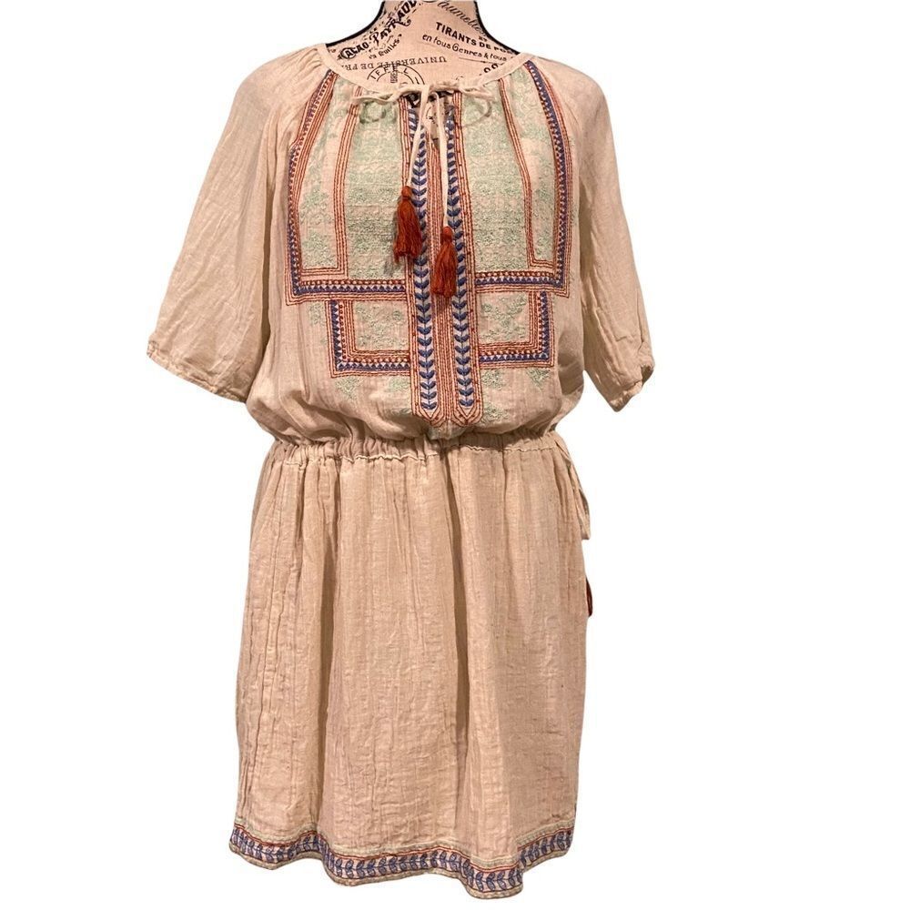 Solito Boho Tie Waist Mini Dress with Front Embroidered Detail in Size XS